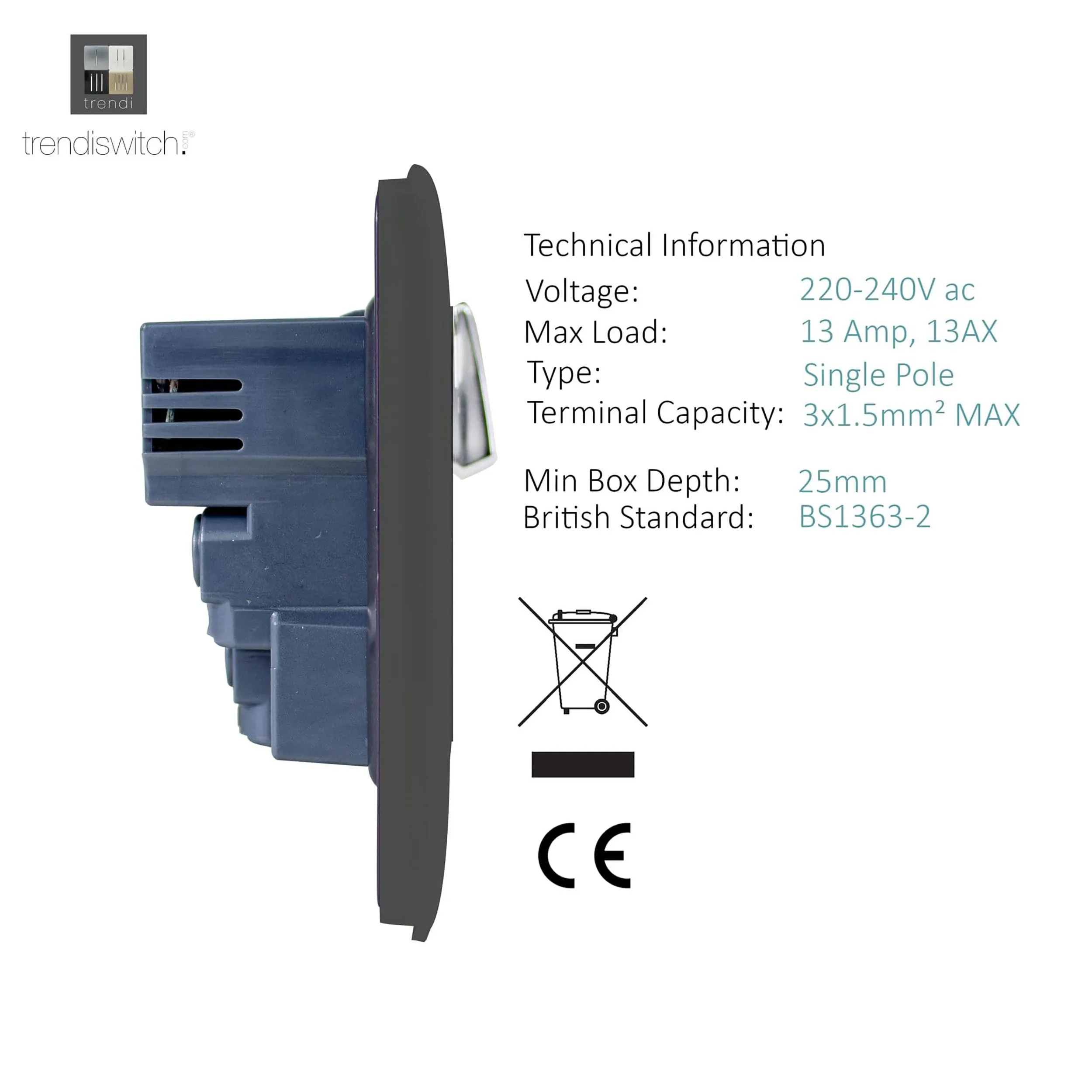 1 Gang 13Amp Switched Single Socket With 2 x USB Charcoal ART-SKT13USBCH  Trendi Charcoal